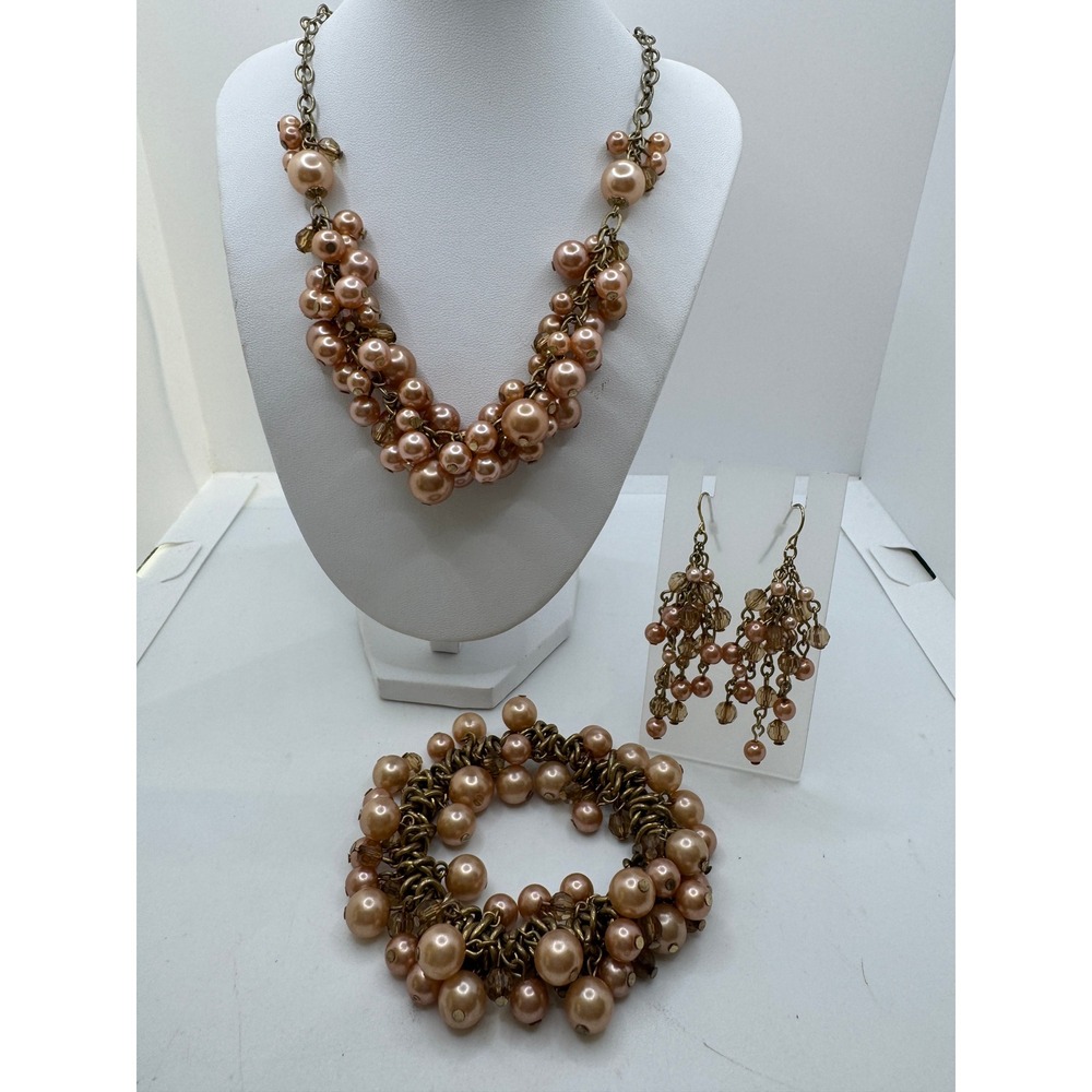 Faux Pearl Cluster Jewelry Set Necklace Bracelet Earrings Champagne Bronze Tone